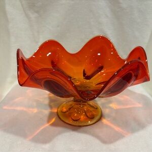 Vintage Viking glass, six petal persimmon and yellow pedestal bowl